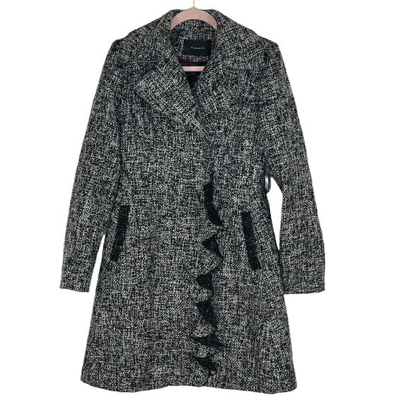Tahari Womens Wool Blend Tweed Ruffle Pea Coat Twee Gray Missing Belt Size 4 - Picture 1 of 5